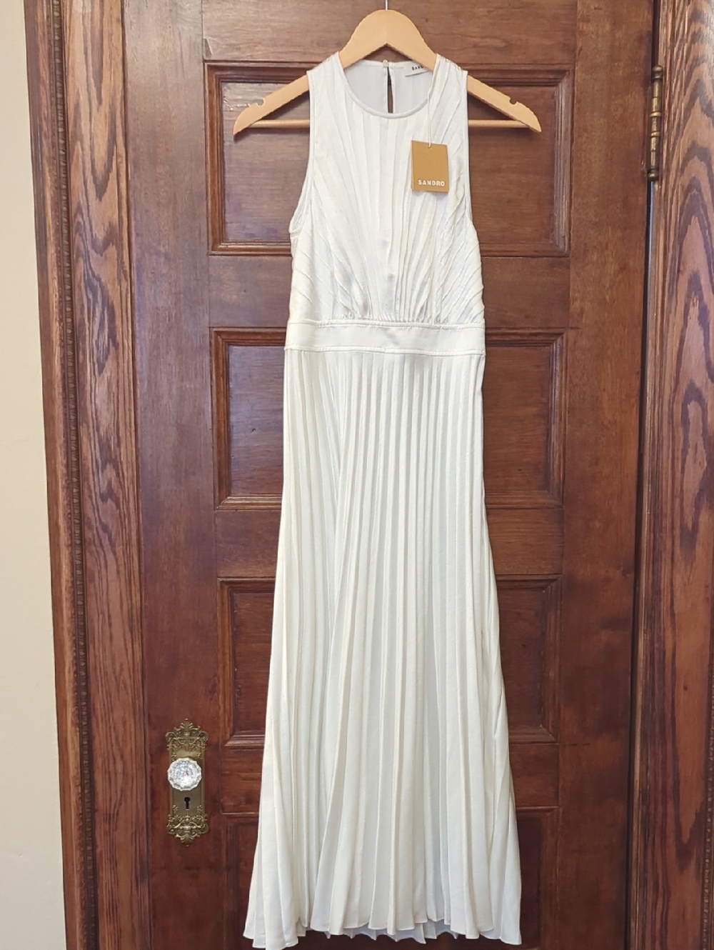 NWT Sandro Jolie Pleated Midi Dress White Sleeveless Cutout Back Size Small (36)